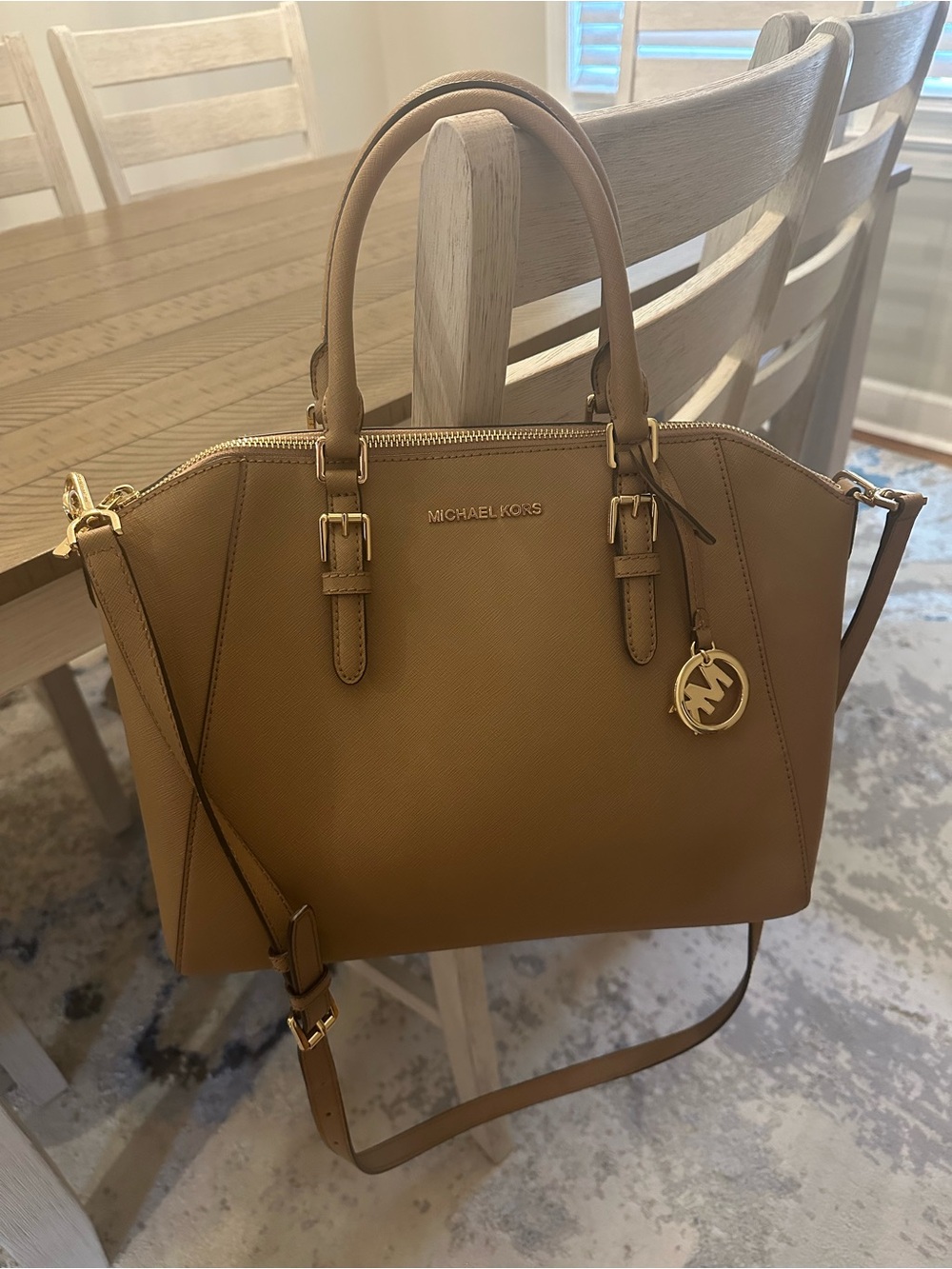Michael Kors Camel Saffiano Leather Satchel with Gold Hardware